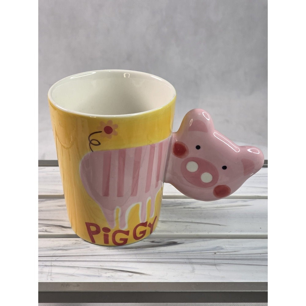 VTG INDRA Striped Pink Piggy Hand Painted Mug  Fine Stoneware